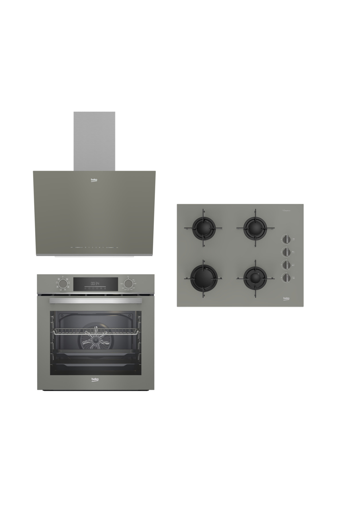 Beko Manhattan Gri Cam Buhar Destekli 3'lü Ankastre Set (FIRIN+OCAK+DAVLUMBAZ)