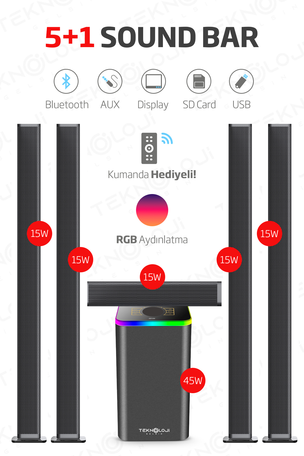 HEPU HP-TV04 5+1 Soundbar Ev Sinema Sistemi Stereo Hd Ses Kalitesi Rgb Kablolu 45W AMFİ 15WX5 SOUNDBAR - Fiyatı, ı