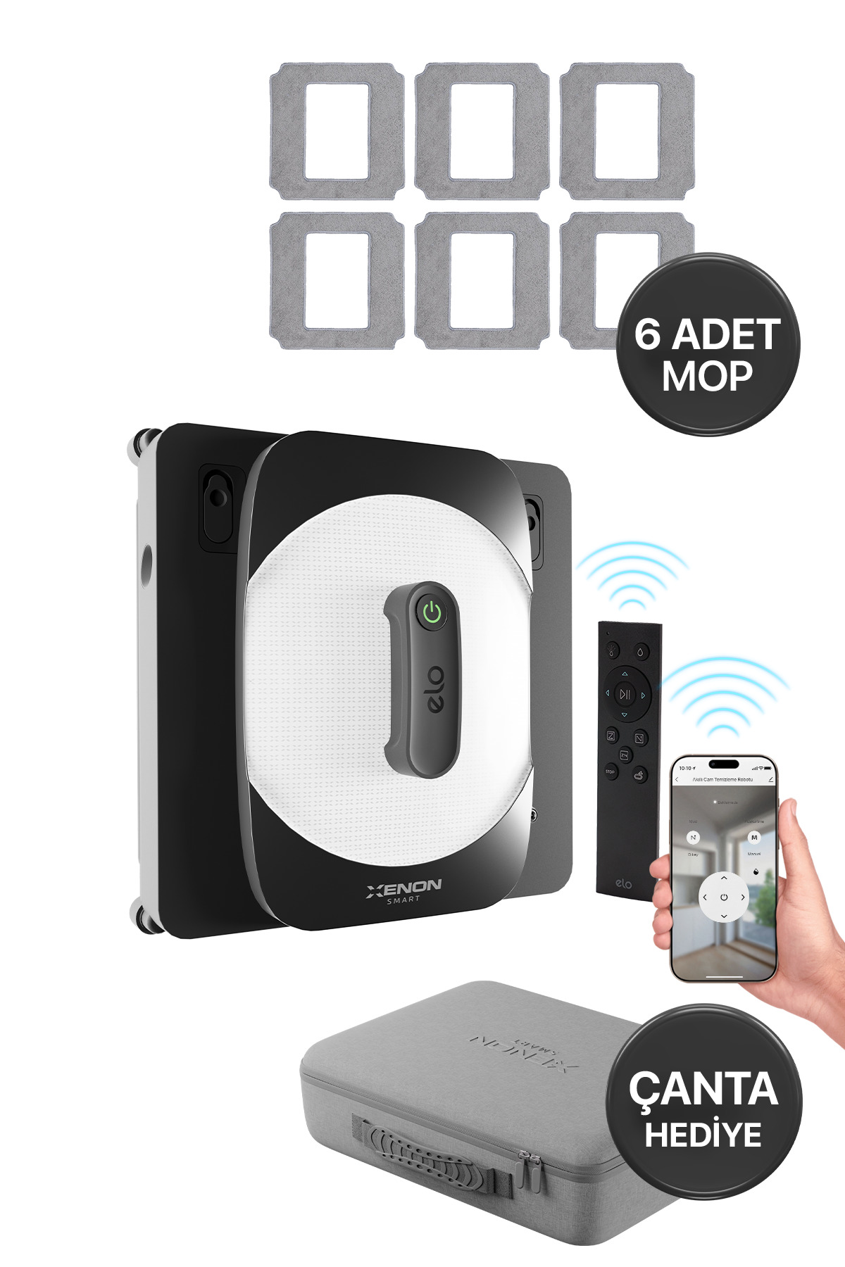 Xenon Smart Cam Silme Robotu ve 6 Yedek Mop | Elo Serisi, Kumandalı, 3 Modlu, Mobil Kontrollü Set (B02878600003)